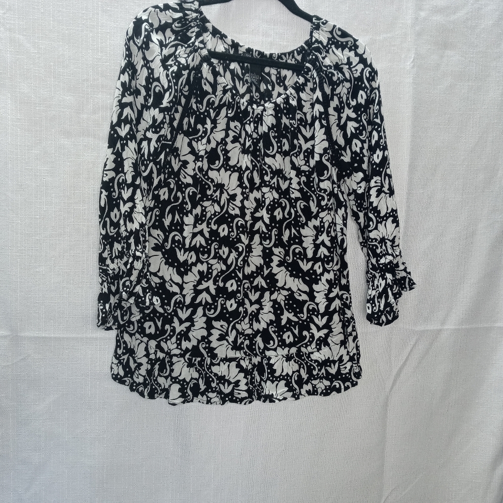 INC International Concepts 3/4 ruffle sleeve floral tunic black white si…